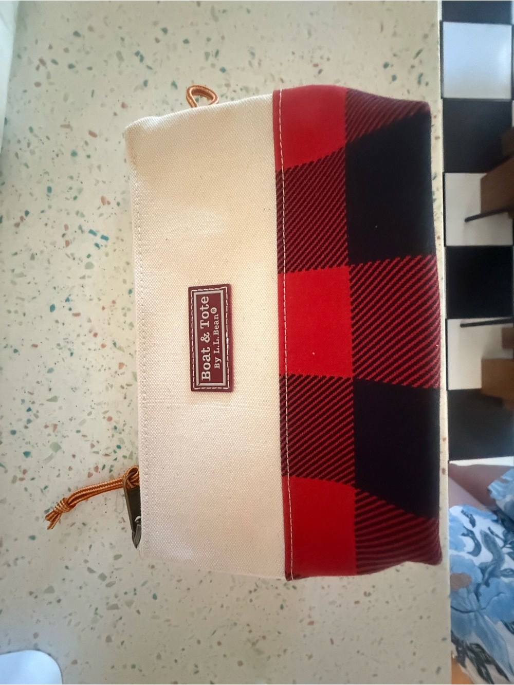 L.L. Bean Cream Canvas Toiletry Bag with Red and Black Buffalo Check